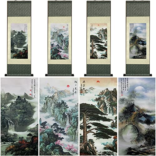 AtfArt 4 Pack Asian Wall Decor Silk Scroll Painting Waterfall River Landscape Painting Beautiful Oriental Decor Chinese Art Wall Scroll Hanging Painting Scroll (4 Pack)