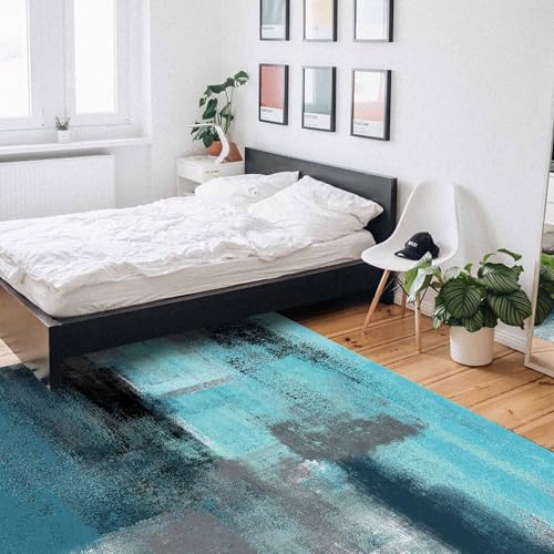 Contemporary Non-Slip Area Rug Turquoise and Grey Abstract Art Painting Teal Printed Rugs Art Carnival Rubber Backing Living Room Floor Mats Rectangle Area Rug Carpet for Indoor 4'x6'