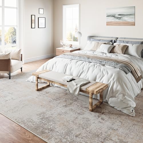 8x10 Washable Area Rug Beige Grey Abstract Modern Living Room Bedroom Large Throw Rug Non Slip Soft Distressed Low Pile Neutral Indoor Floor Carpet for Dining Room Kitchen Office Entryway Decor