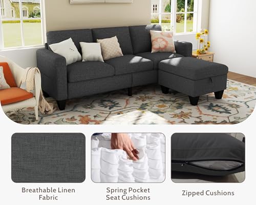 Sectional Sofa Couches for Living Room: Convertible L Shaped Couch with Storage Ottoman - Grey Small 3 Seater Sofas Furniture Set for Small Space