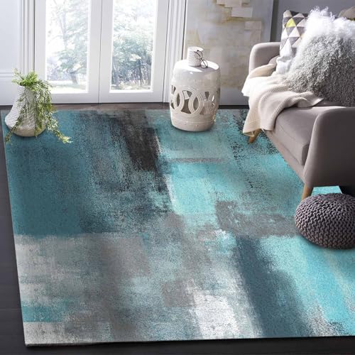 Contemporary Non-Slip Area Rug Turquoise and Grey Abstract Art Painting Teal Printed Rugs Art Carnival Rubber Backing Living Room Floor Mats Rectangle Area Rug Carpet for Indoor 4'x6'