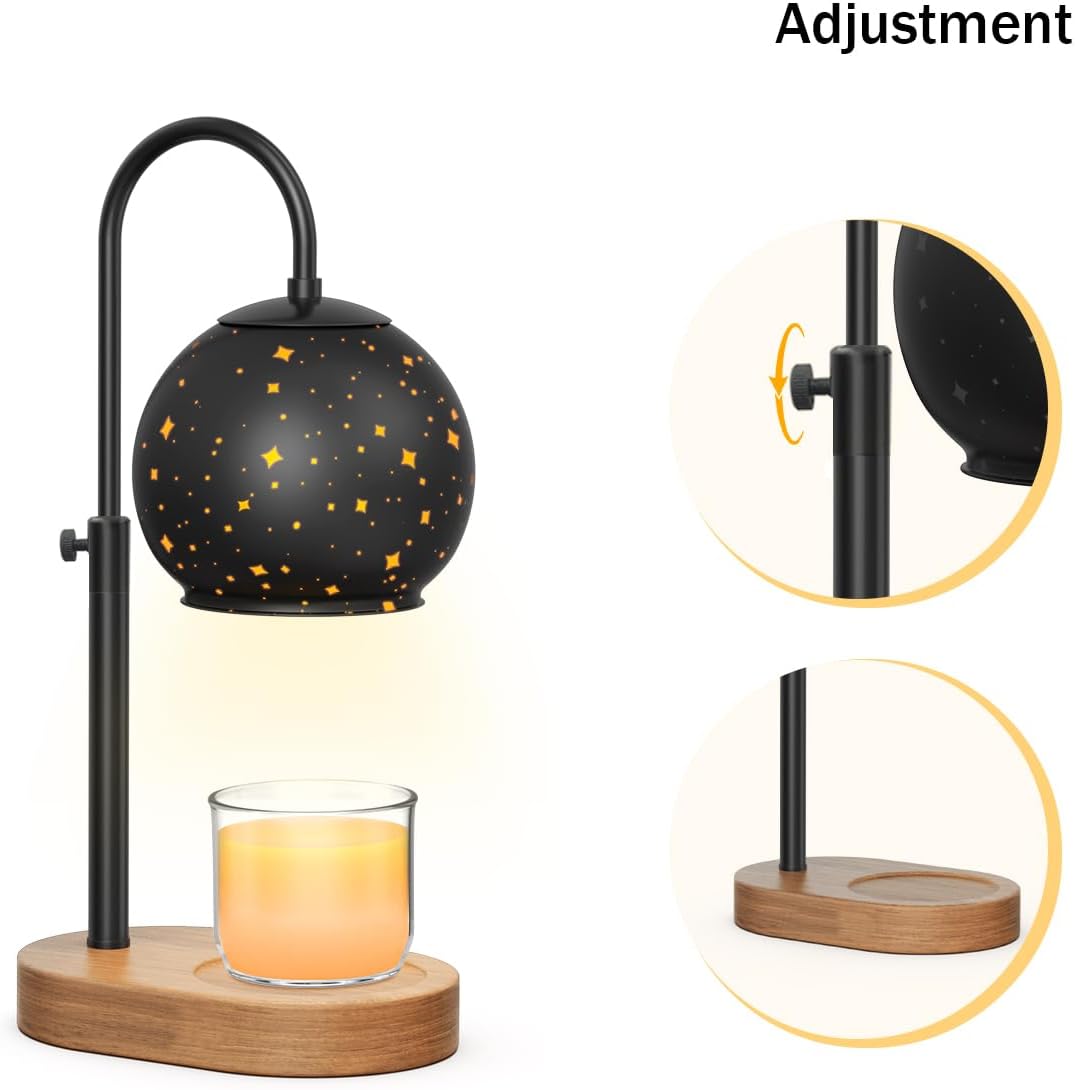 Black Candle Warmer Lamp with Timer&Dimmer，Star Lampshade with Adjustable Height＆Rotatable Pole，Wooden Base for Jar Candles，Wax Melting Electric Warmer Light，Modern Warmer Lantern （1pcs）