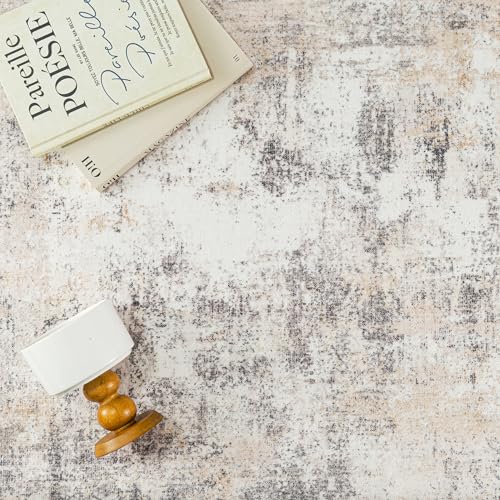 8x10 Washable Area Rug Beige Grey Abstract Modern Living Room Bedroom Large Throw Rug Non Slip Soft Distressed Low Pile Neutral Indoor Floor Carpet for Dining Room Kitchen Office Entryway Decor