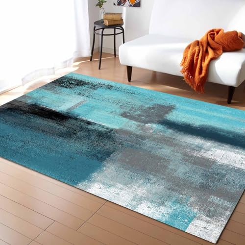 Contemporary Non-Slip Area Rug Turquoise and Grey Abstract Art Painting Teal Printed Rugs Art Carnival Rubber Backing Living Room Floor Mats Rectangle Area Rug Carpet for Indoor 4'x6'