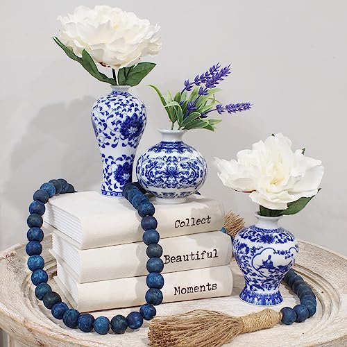 AuldHome Blue and White Porcelain Vases Set of 3, Mini Decorative Bud Vases for Farmhouse, Cottagecore, and Vintage Decor