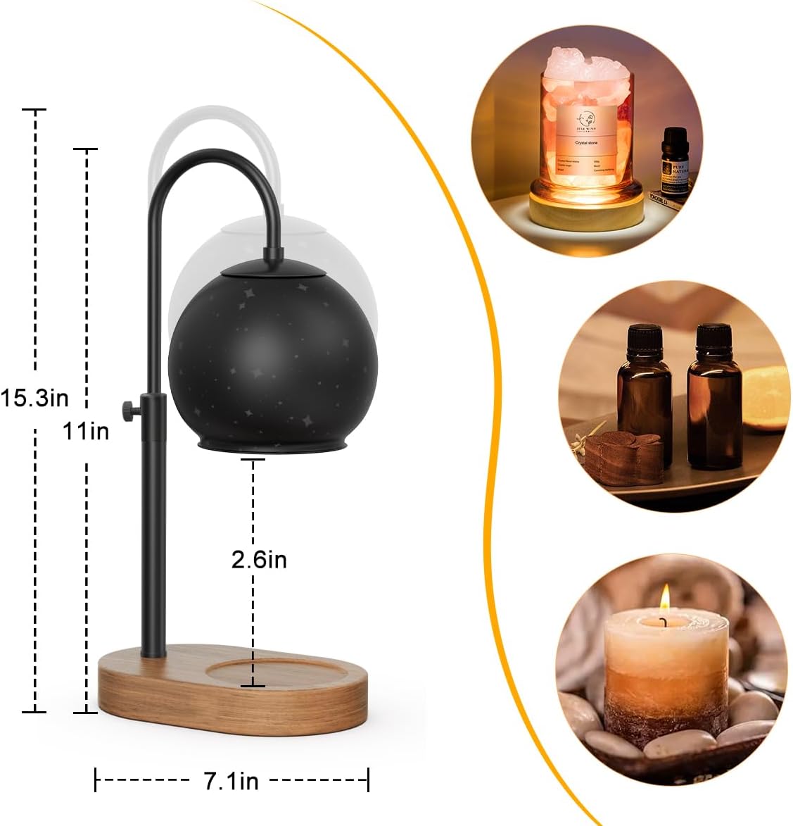 Black Candle Warmer Lamp with Timer&Dimmer，Star Lampshade with Adjustable Height＆Rotatable Pole，Wooden Base for Jar Candles，Wax Melting Electric Warmer Light，Modern Warmer Lantern （1pcs）