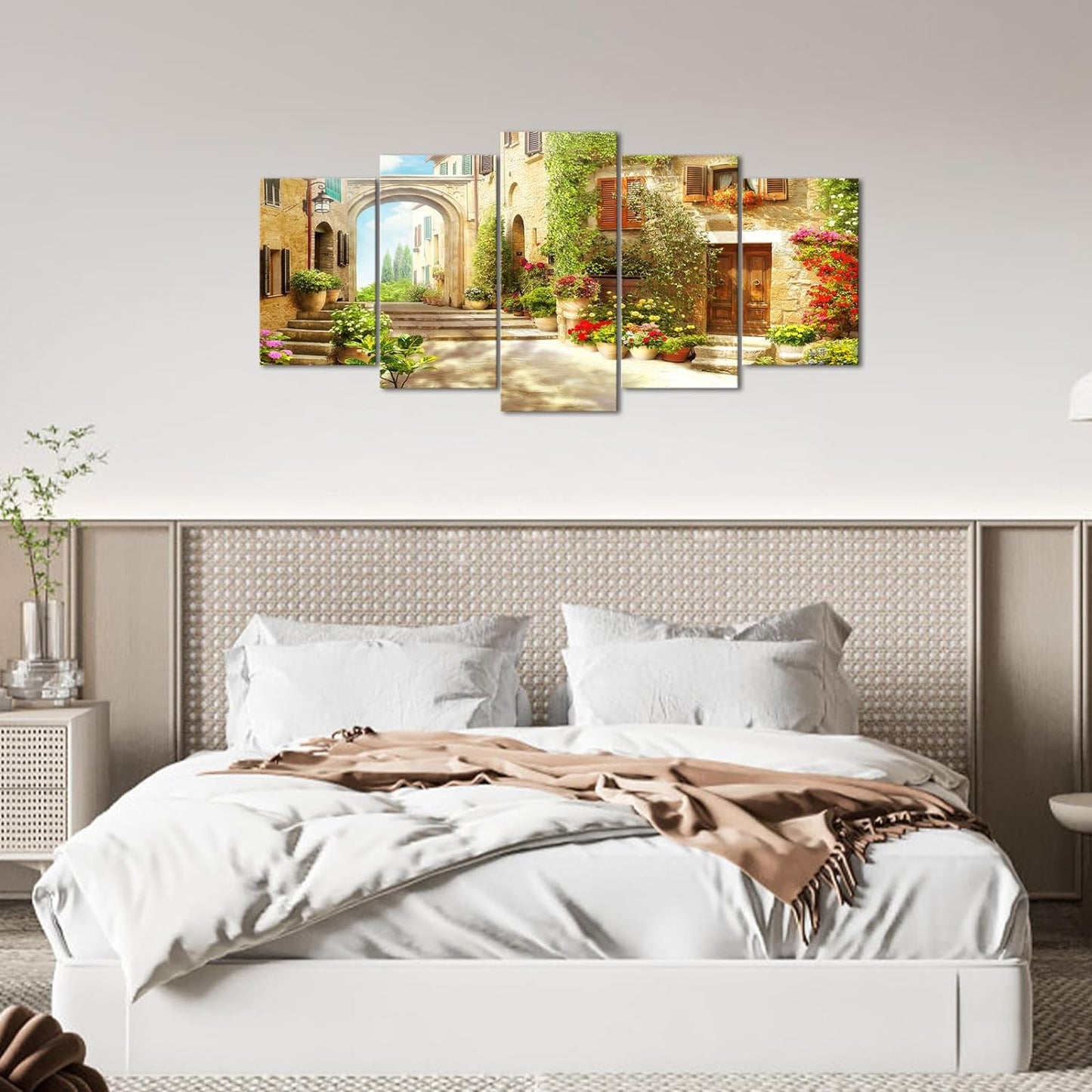 iKNOW FOTO 5 Pieces Tuscany Streets Canvas Print Old Mediterranean Towns Architecture European Village Wall Art for Home Decor Modern Artwork for Living Room, Bedroom, Office Decor 50x24 Inches