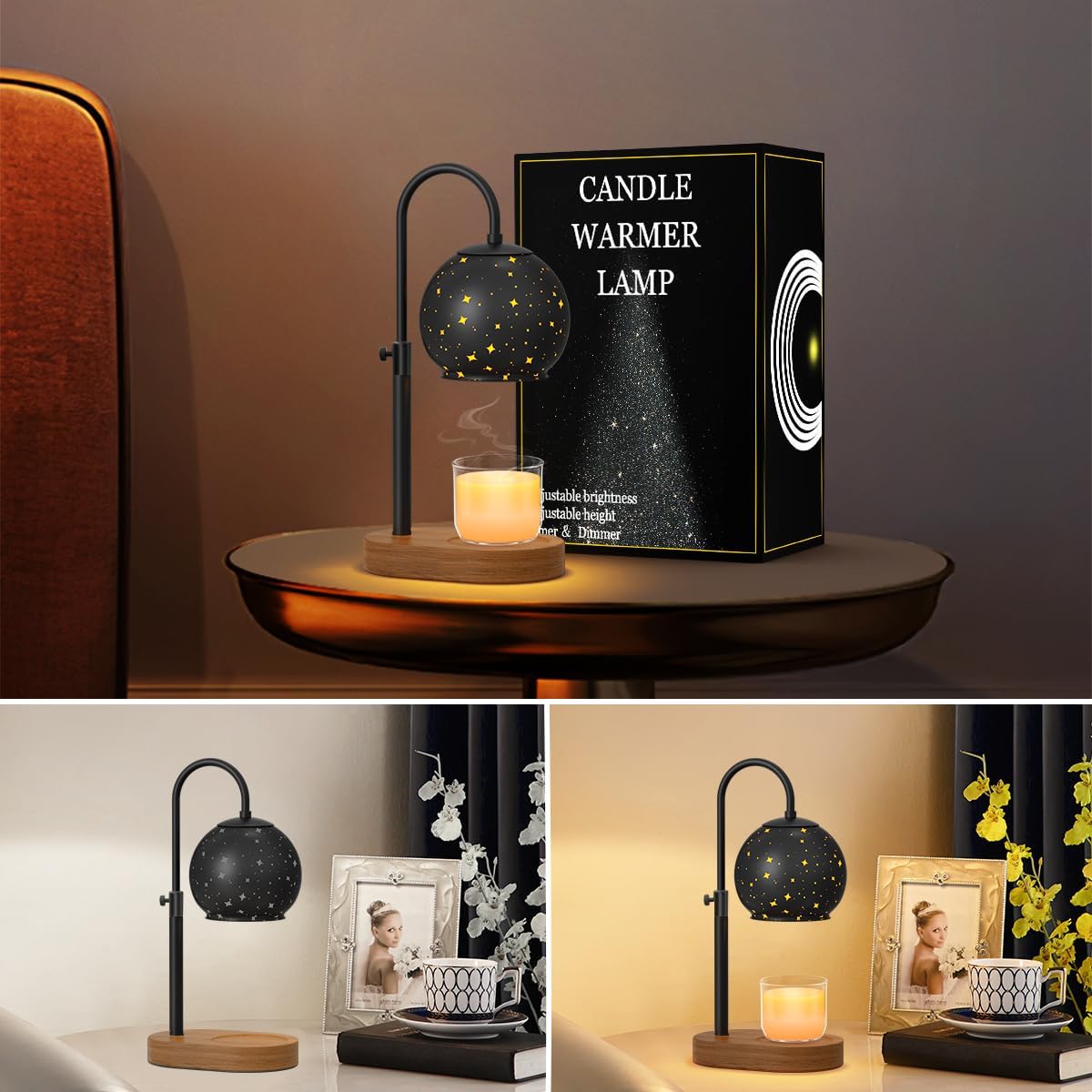 Black Candle Warmer Lamp with Timer&Dimmer，Star Lampshade with Adjustable Height＆Rotatable Pole，Wooden Base for Jar Candles，Wax Melting Electric Warmer Light，Modern Warmer Lantern （1pcs）