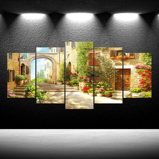 iKNOW FOTO 5 Pieces Tuscany Streets Canvas Print Old Mediterranean Towns Architecture European Village Wall Art for Home Decor Modern Artwork for Living Room, Bedroom, Office Decor 50x24 Inches