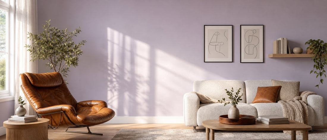 Bright small living room with a soft lilac wall, a cognac leather lounge chair and an ivory boucle sofa in afternoon window light