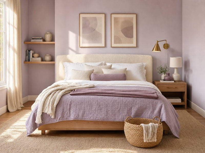Small bedroom with a mist lilac wall, a light oak platform bed with a cream boucle headboard, white linen, and a heather lilac quilt in soft window light