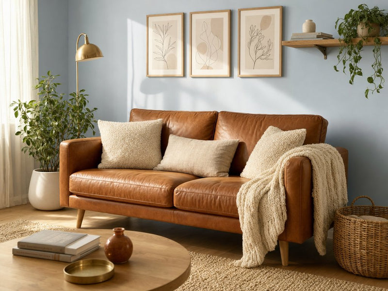 Small living room with a powder blue wall, a cognac leather sofa, cream and oatmeal cushions, a round oak coffee table and a brass floor lamp in morning sun