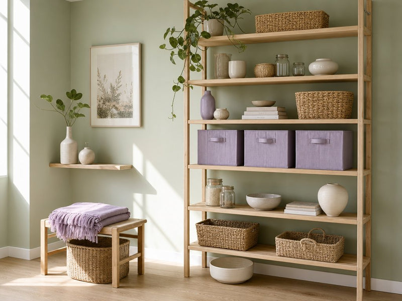 Small room with a pale sage wall, an open oak shelf of woven baskets and lavender storage boxes, and a stool with a folded lavender throw